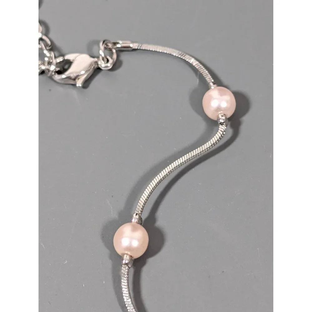 Silver Tone Faux Pearl Station Chain‎ Necklace Elegant Bridal Classic 19